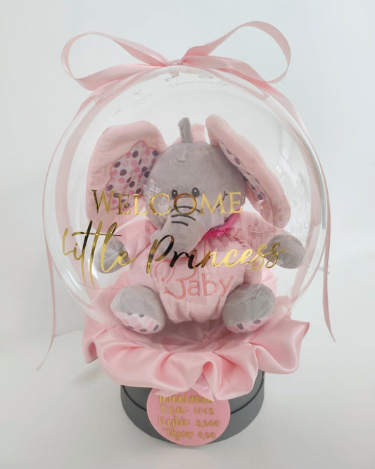Πολυτελές δώρο γέννησης μπαλόνι με λούτρινο ελεφαντάκι και στοιχεία γέννησης.